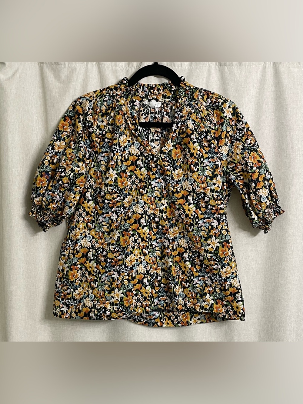 Avara Floral Cotton Ruffle Neck Puff Sleeve Blouse Top Medium